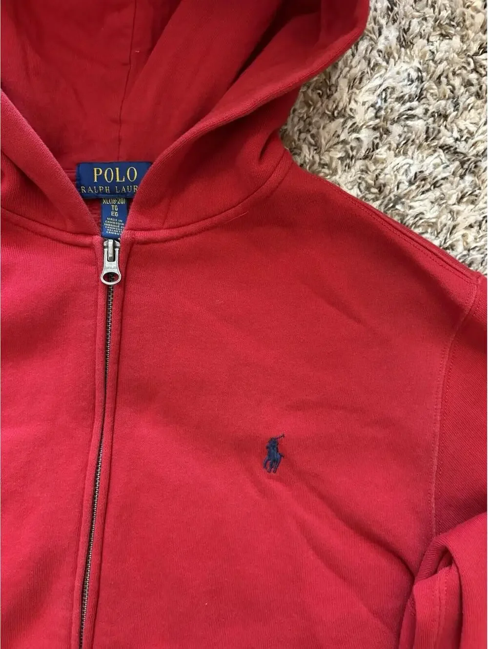Polo Ralph Lauren Hoodie Red Full Zip Jacket Cotton Pockets Boys Size XL 18-20